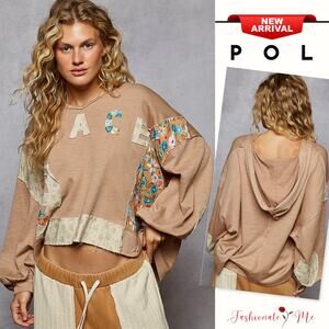 POL Floral Applique Details Long Sleeves Relaxed Cropped Hoodie Sweatshirt | Tan